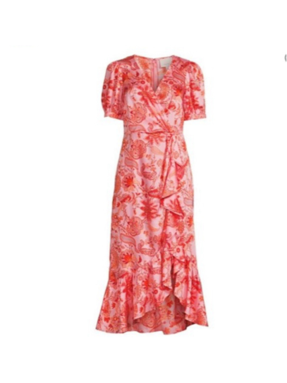 Cinq à Sept Pink Orange Floral Ruffle Wrap Midi Dress Size 6